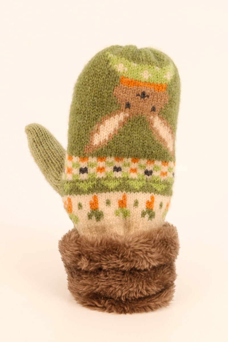 Powder KIDS Knitted Bunny & Carrot Mittens - Olive Green