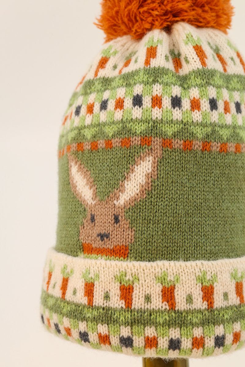 Powder KIDS Knitted Bunny & Carrot PomPom Hat - Olive Green