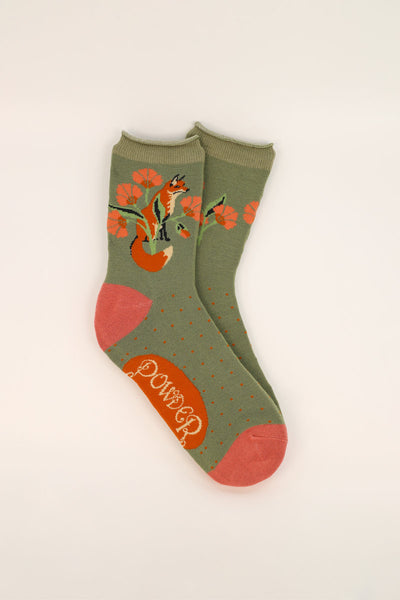 Powder Fox in a Meadow Ladies Bamboo Ankle Socks -Sage