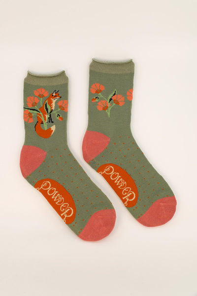 Powder Fox in a Meadow Ladies Bamboo Ankle Socks -Sage