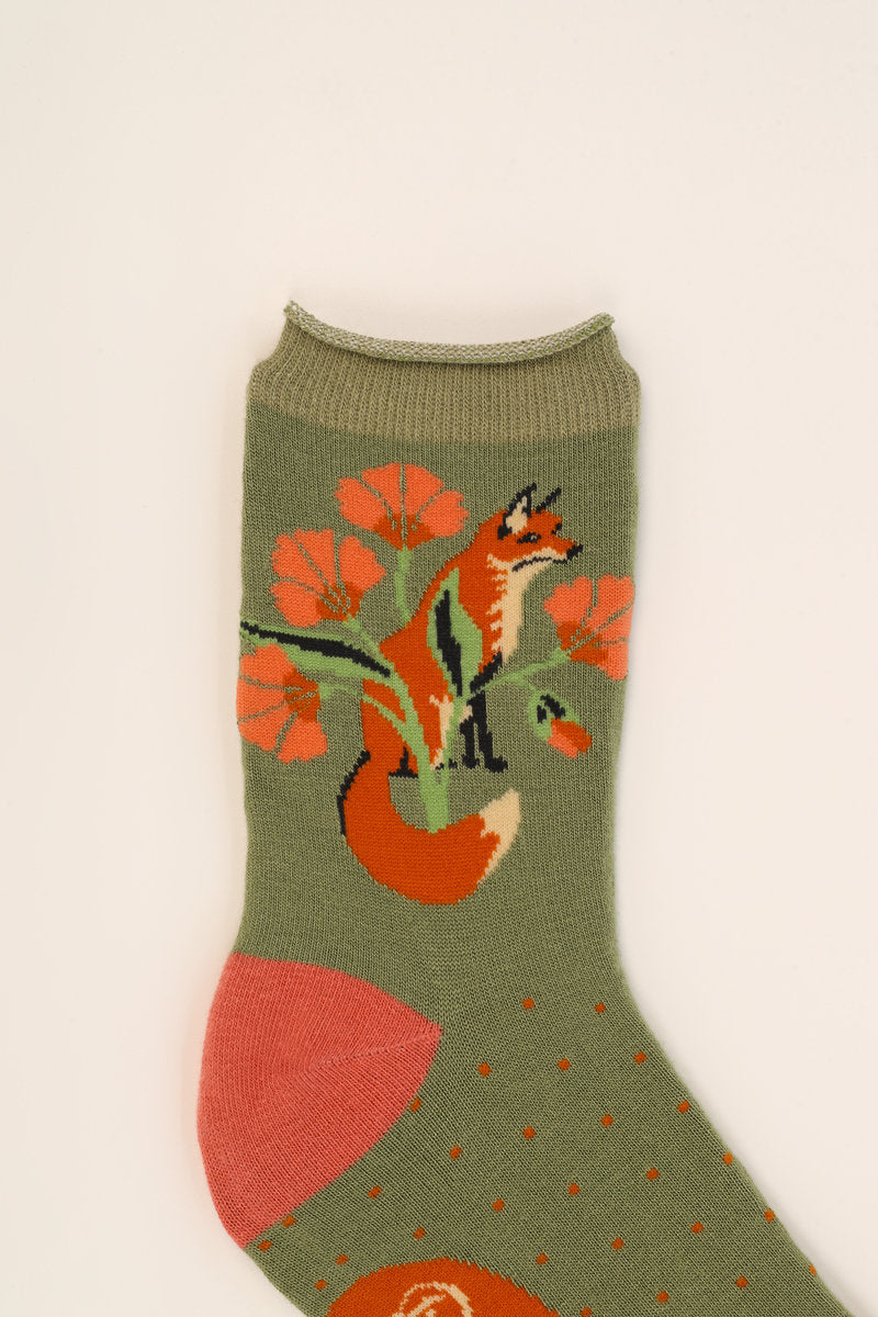 Powder Fox in a Meadow Ladies Bamboo Ankle Socks -Sage