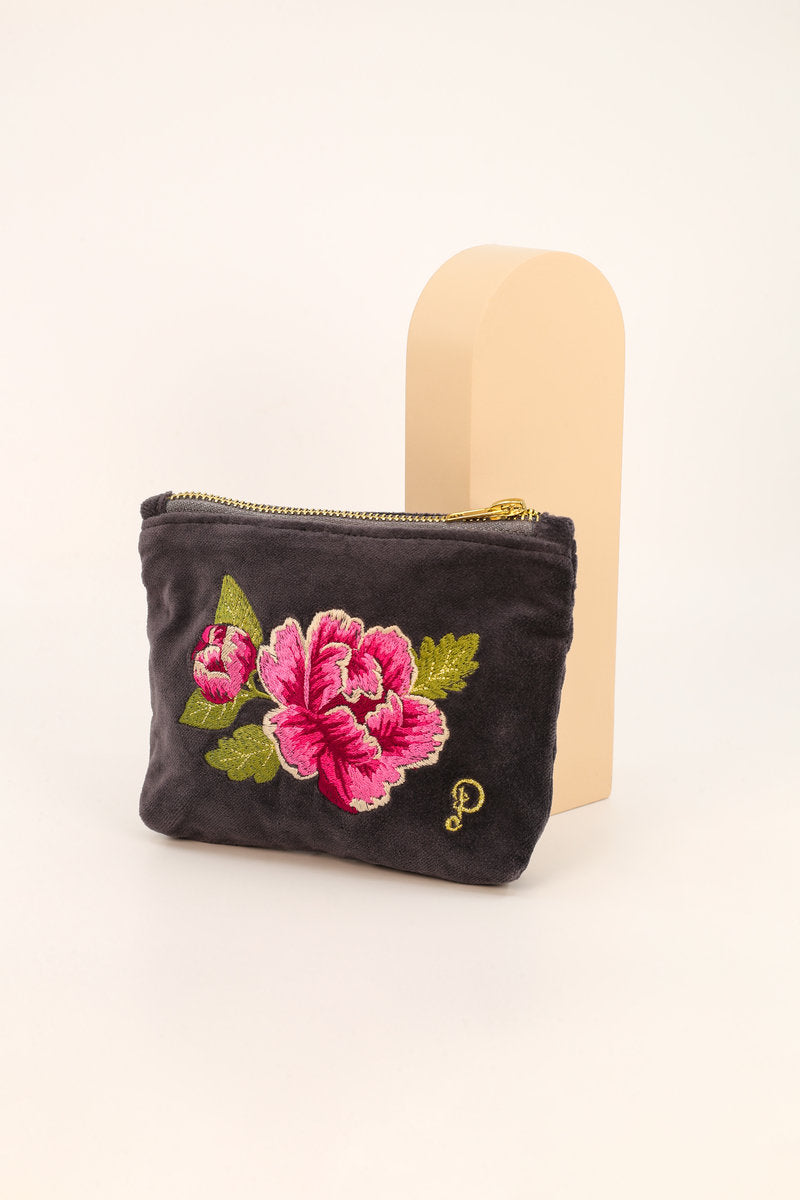 Powder Painted Peony Mini Velvet Pouch/Purse - Charcoal