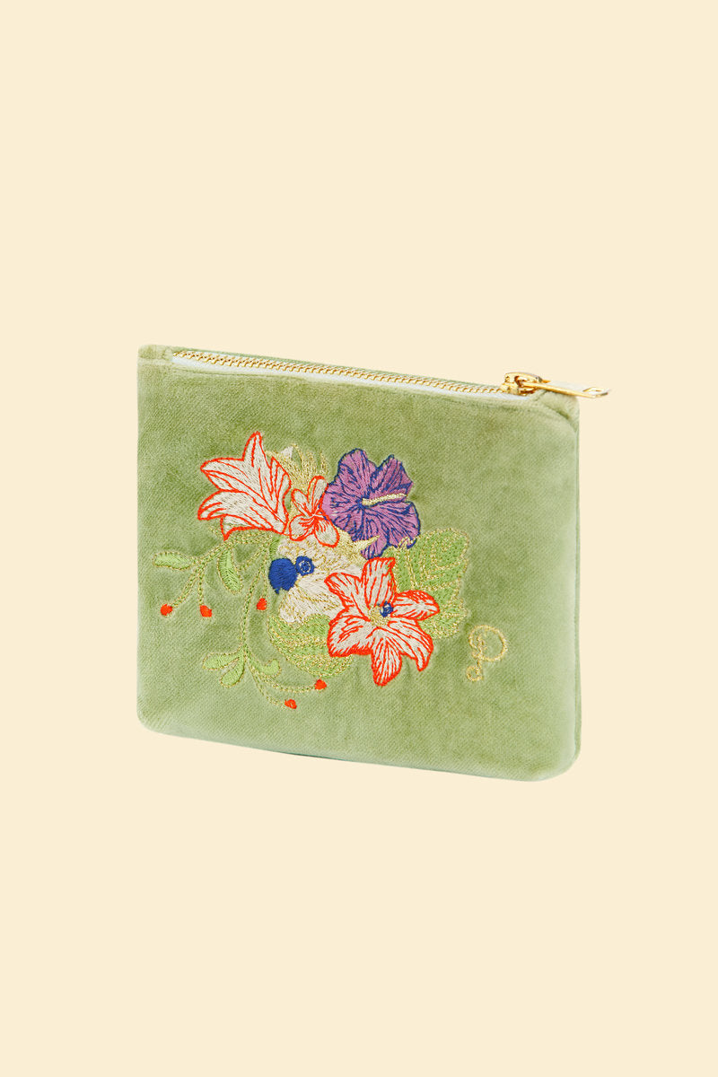 Powder Cockatoo Velvet Embroidered Vanity Bag - Sage Green