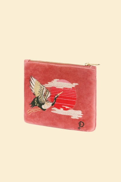 Powder Crane at Sunrise Velvet Embroidered Vanity Bag - Petal Pink