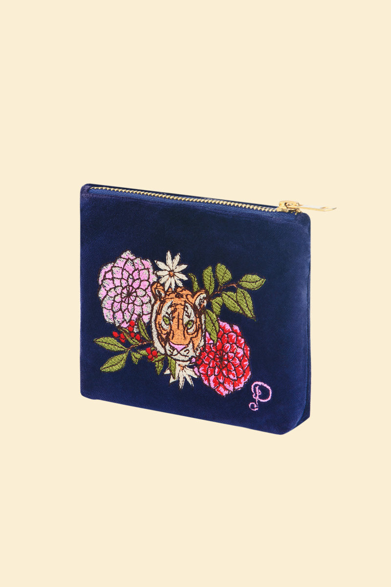 Powder Floral Tiger Velvet Embroidered Vanity Bag - Indigo Blue