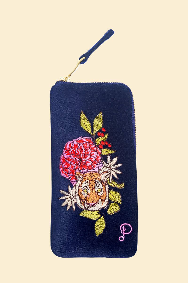 Powder Floral Tiger Velvet Sunglasses Zip Pouch - Indigo Blue