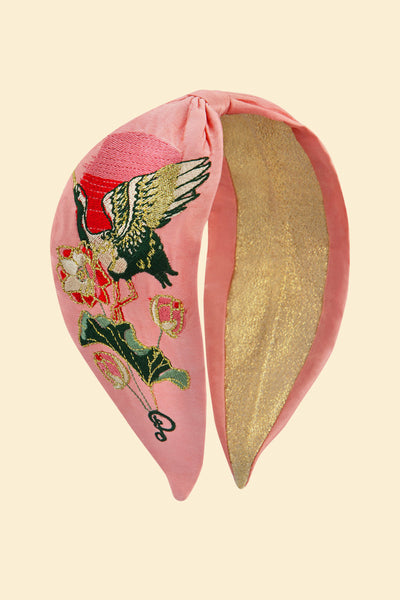 Powder Satin Embroidered Headband -Crane at Sunrise - Petal Pink