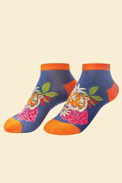 Powder Floral Tiger Ladies Trainer Socks - Indigo