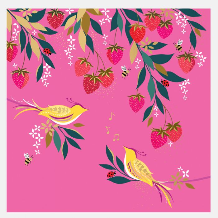 Sara Miller by The Art File -Pink Musical Birds in Strawberry Tree Blank Card