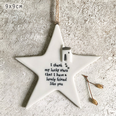 East of India Porcelain Hanging Star - Thank My Lucky Stars Friend