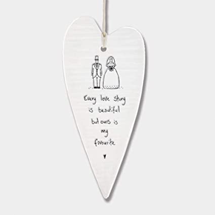 East of India Porcelain Wobbly Long Hanging Heart - Every Love Story