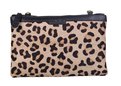 Mala Leather Matrah Leopard Double Pocket Zip Crossbody Handbag (7267 90)  - Black