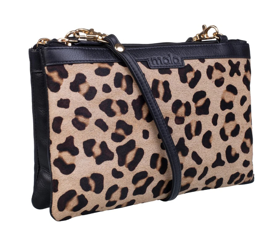 Mala Leather Matrah Leopard Double Pocket Zip Crossbody Handbag (7267 90)  - Black