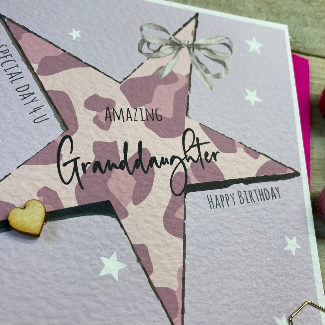 White Cotton Cards Lilac Leopard Star Amazing Granddaughter Birthday Card