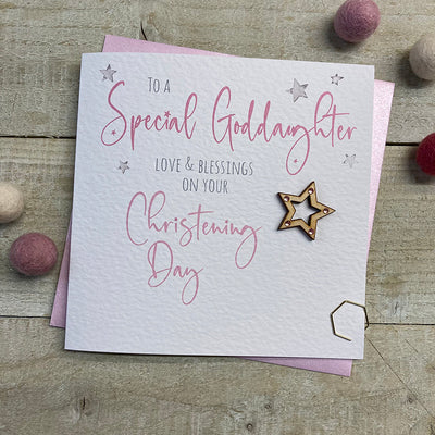 White Cotton Cards Goddaughter Christening Day Stars Card