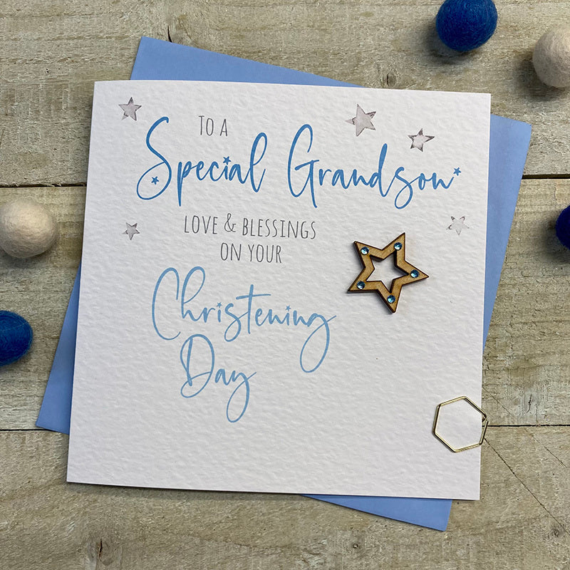 White Cotton Cards Grandson Christening Day Stars Card