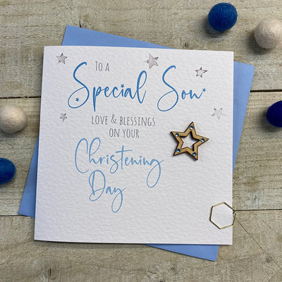White Cotton Cards Son Christening Day Stars Card
