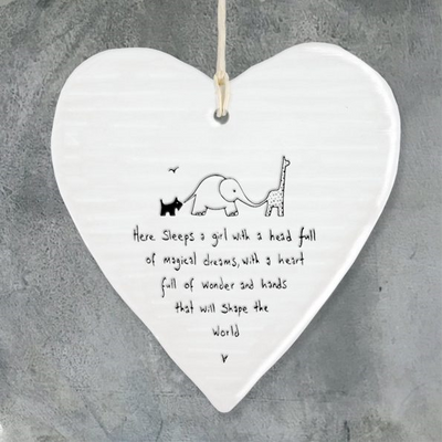 East of India Porcelain Wobbly Hanging Heart - Here Sleeps a Girl