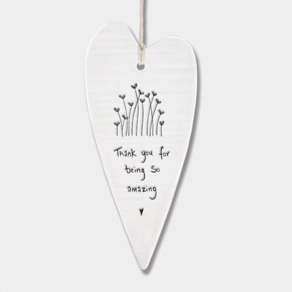 East of India Porcelain Wobbly Long Hanging Heart -Thank you Amazing