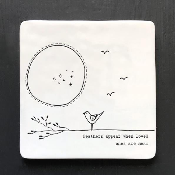 East of India Porcelain Square Twig Coaster - Feathers Appear