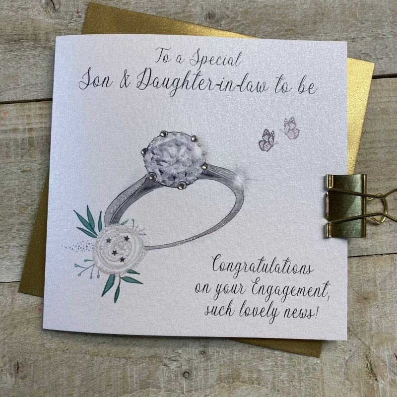 White Cotton Cards Son & Daughter-in-Law Engagement Ring & Flower Card