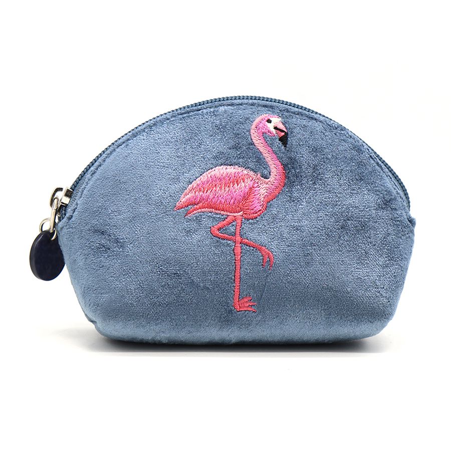 POM Dusty Blue Flamingo Velvet Embroidered D-Shaped Coin Purse
