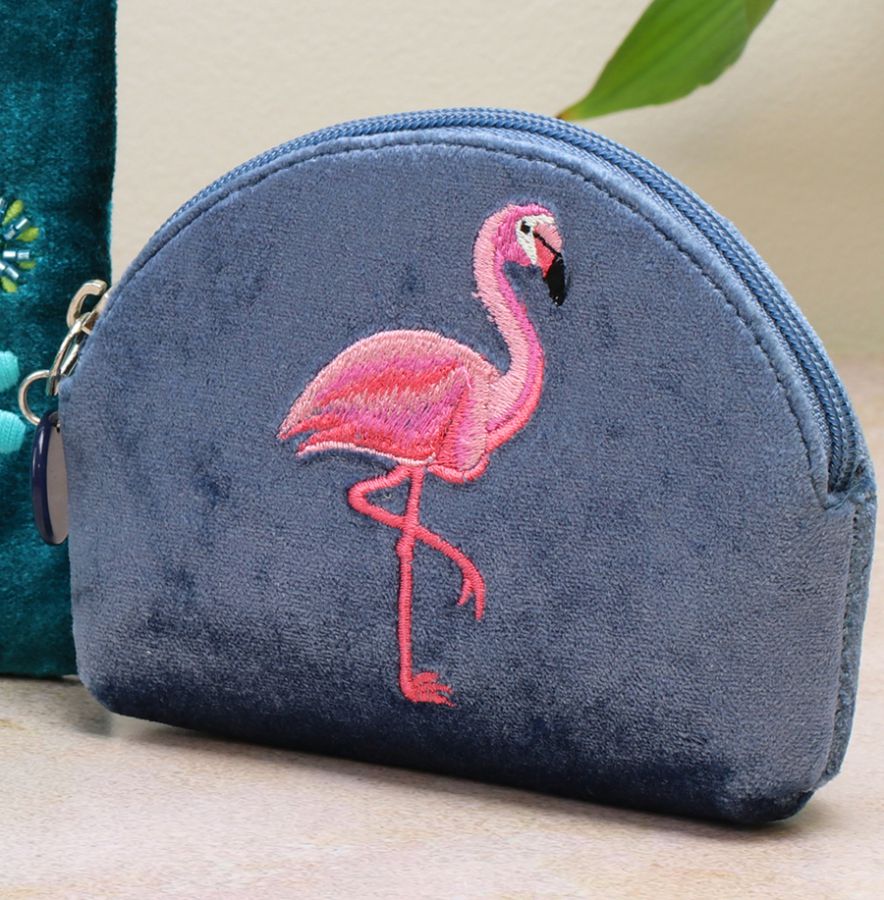 POM Dusty Blue Flamingo Velvet Embroidered D-Shaped Coin Purse