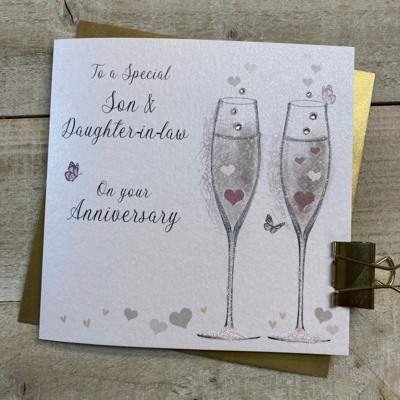 White Cotton Cards Son & Daughter-in-Law Anniversary Heart Flutes Card