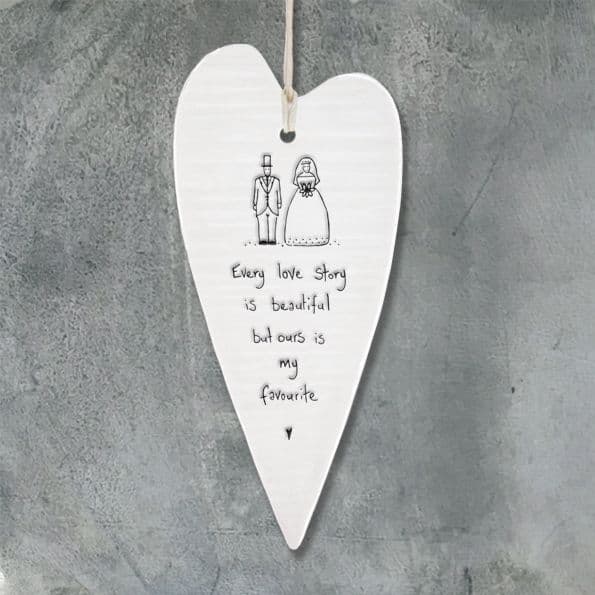 East of India Porcelain Wobbly Long Hanging Heart - Every Love Story