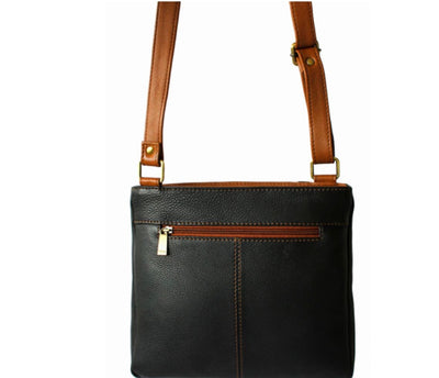 Nova Leathers Zip & Pocket Crossbody Handbag - Navy/Chestnut Tan (899S)