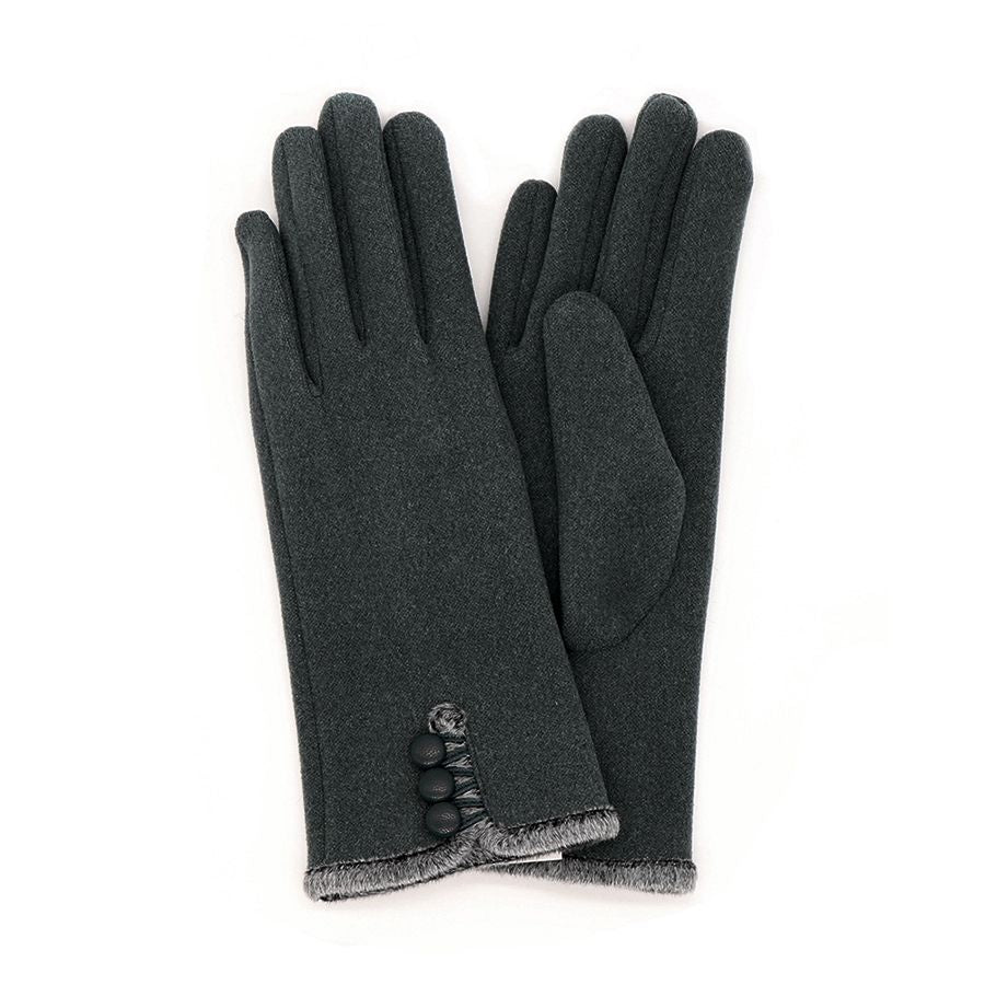 POM Charcoal Grey Faux Angora Glove with Short Faux Fur Trim & Buttons
