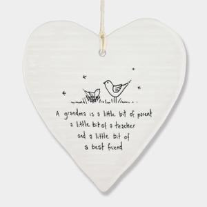 East of India Porcelain Wobbly Hanging Heart - A grandma is..
