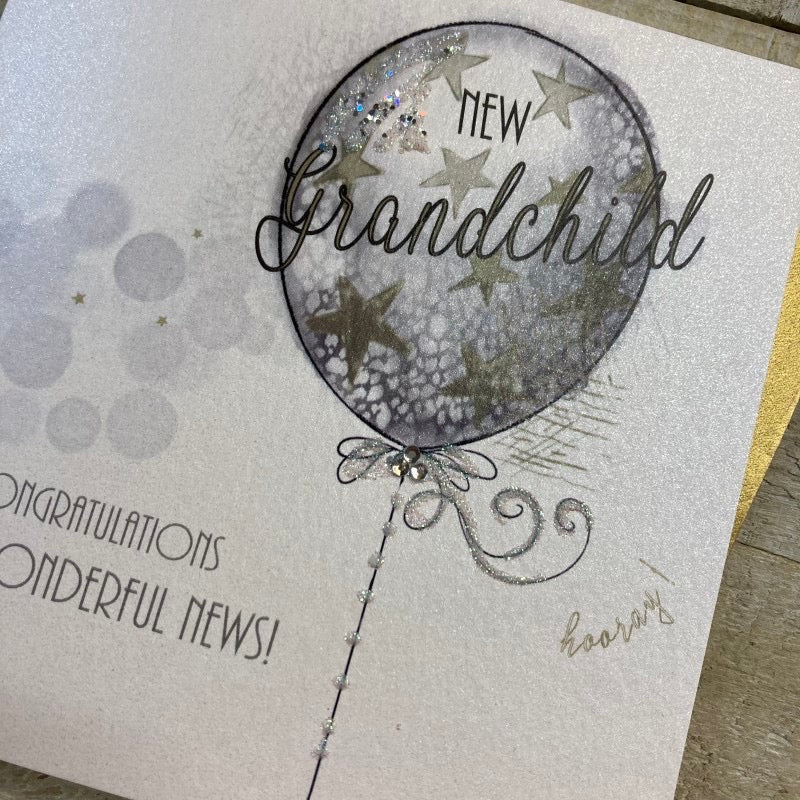 White Cotton Cards New Grandchild Silver Balloon Card