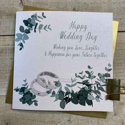 White Cotton Cards Wedding Day Rings & Greenery Card