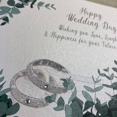 White Cotton Cards Wedding Day Rings & Greenery Card