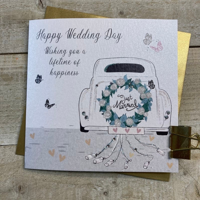 White Cotton Cards Wedding Day Car Just Married Card