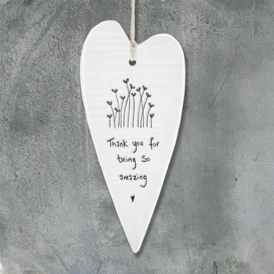 East of India Porcelain Wobbly Long Hanging Heart -Thank you Amazing