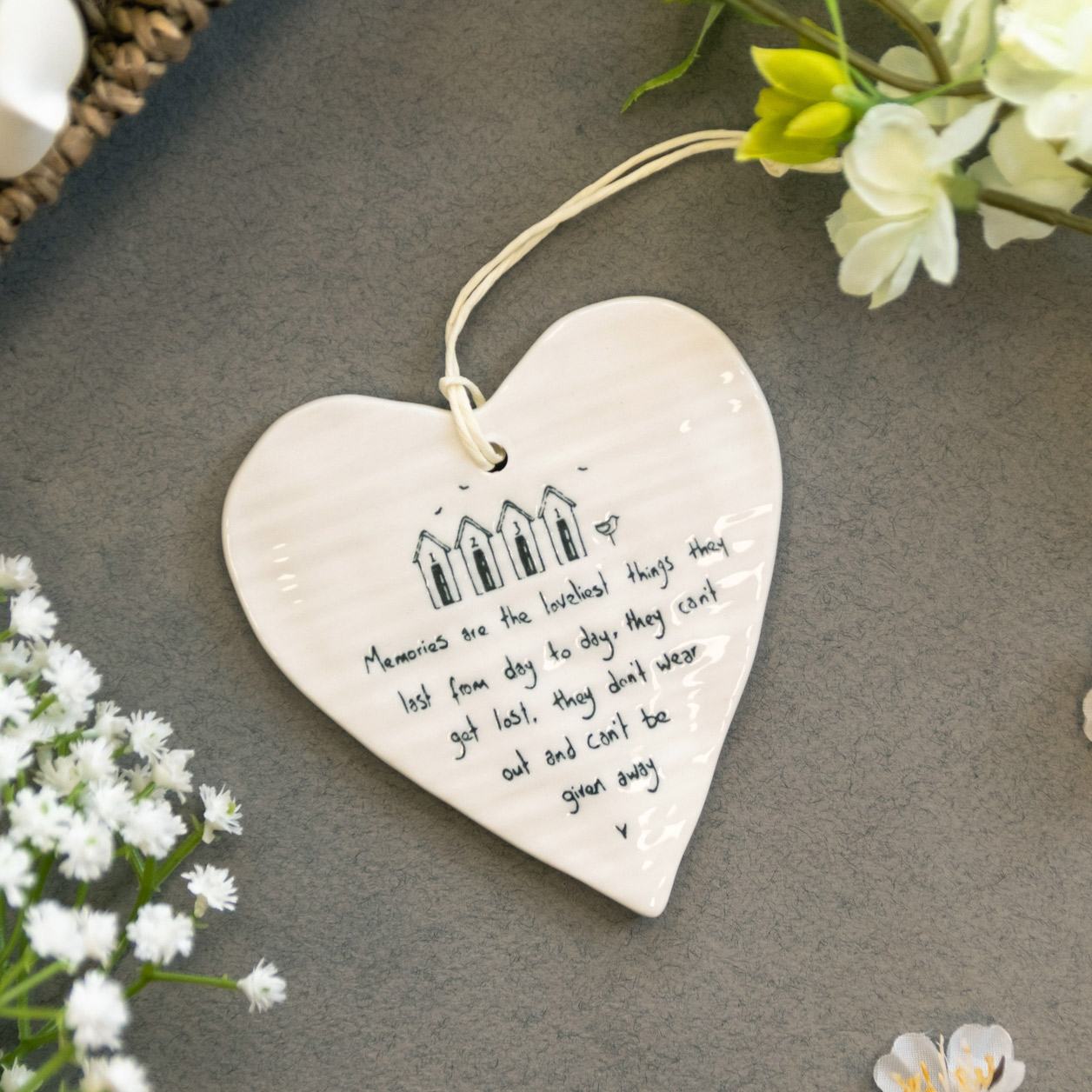 East of India Porcelain Wobbly Hanging Heart - Memories