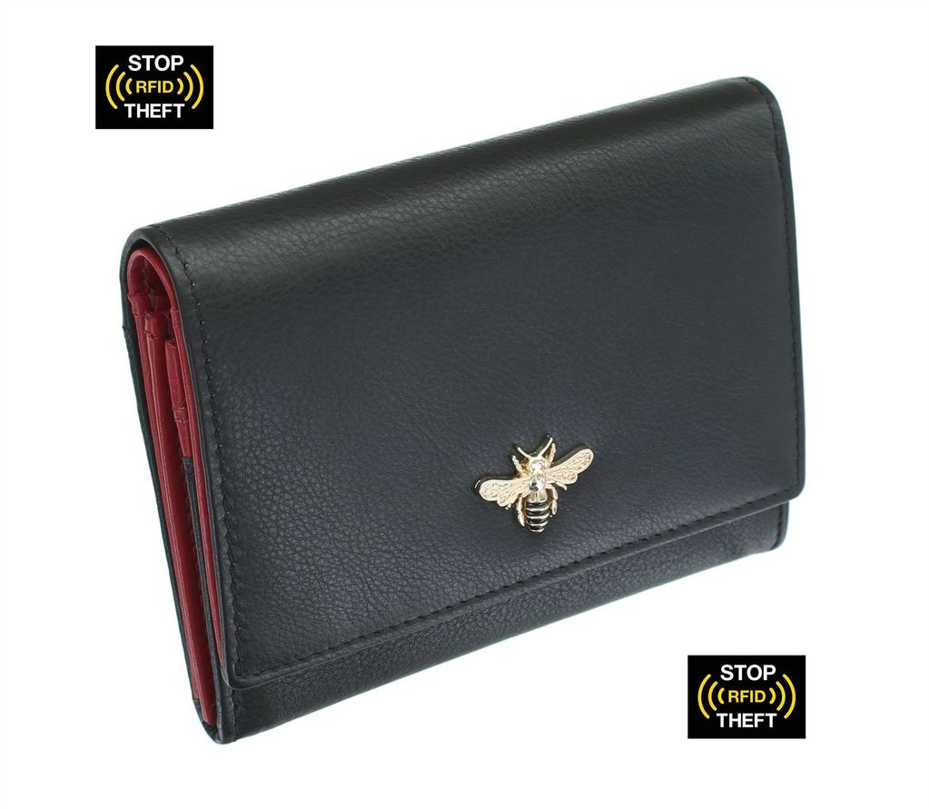 Mala Leather Mason Bee Flapover Small Purse with RFID Protection (3473 27) - Black/Red