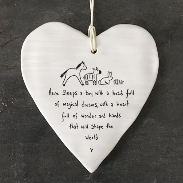 East of India Porcelain Wobbly Hanging Heart - Here Sleeps Boy