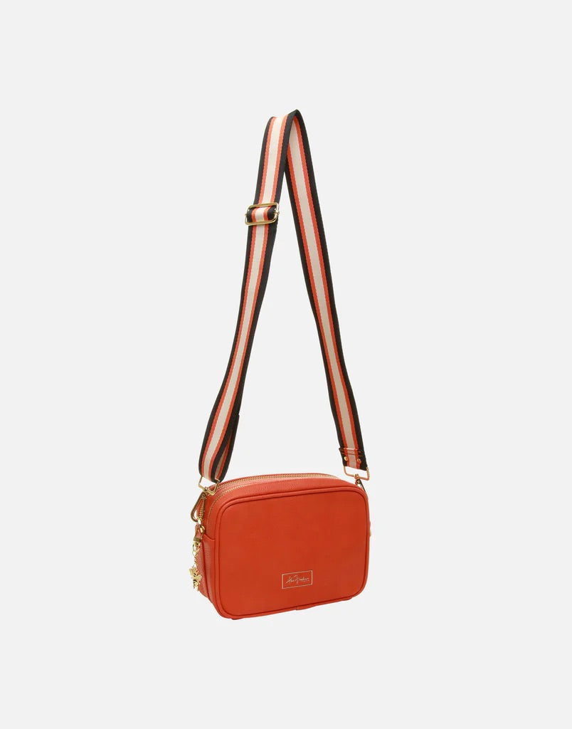 Alice Wheeler Orange Soho Double Zipped Crossbody Bag with Trio Stripe Bag Strap