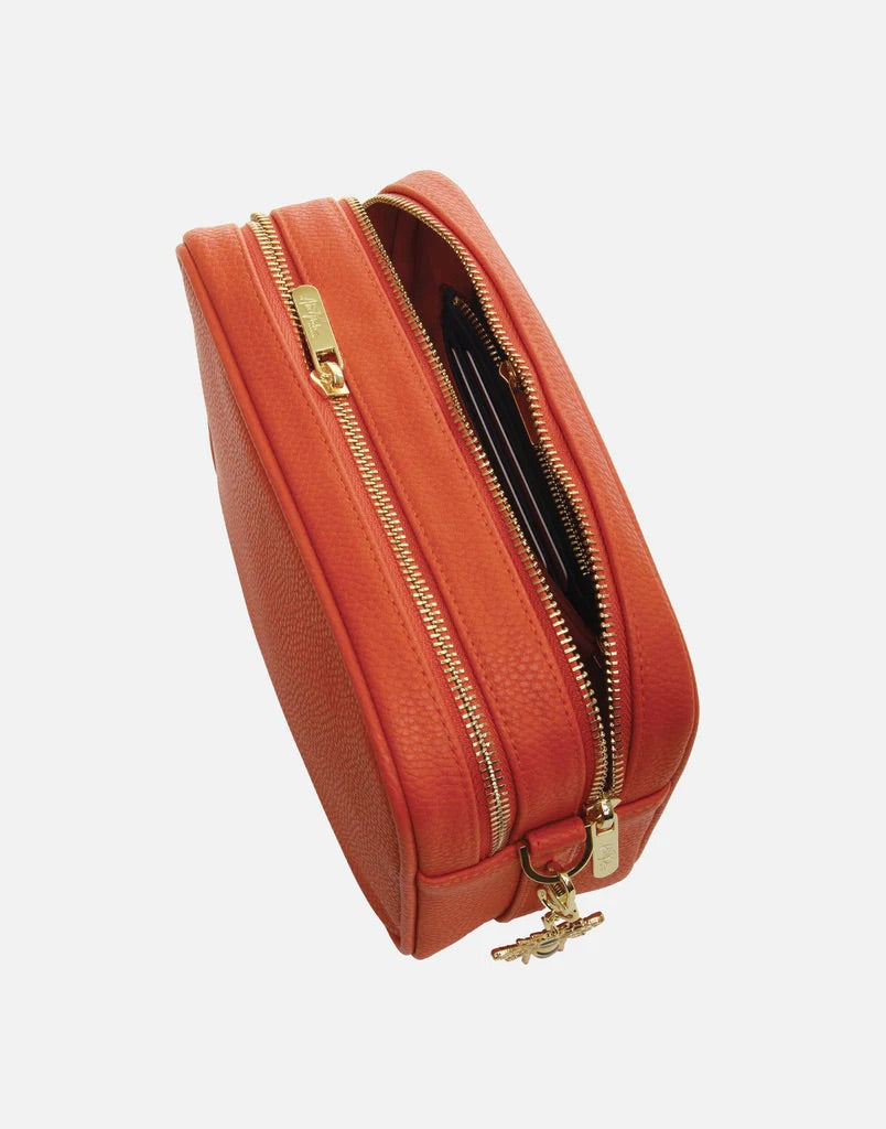 Alice Wheeler Orange Soho Double Zipped Crossbody Bag with Trio Stripe Bag Strap