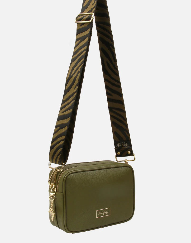 Alice Wheeler Olive Green Soho Double Zipped Crossbody Bag with Zebra Bag Strap