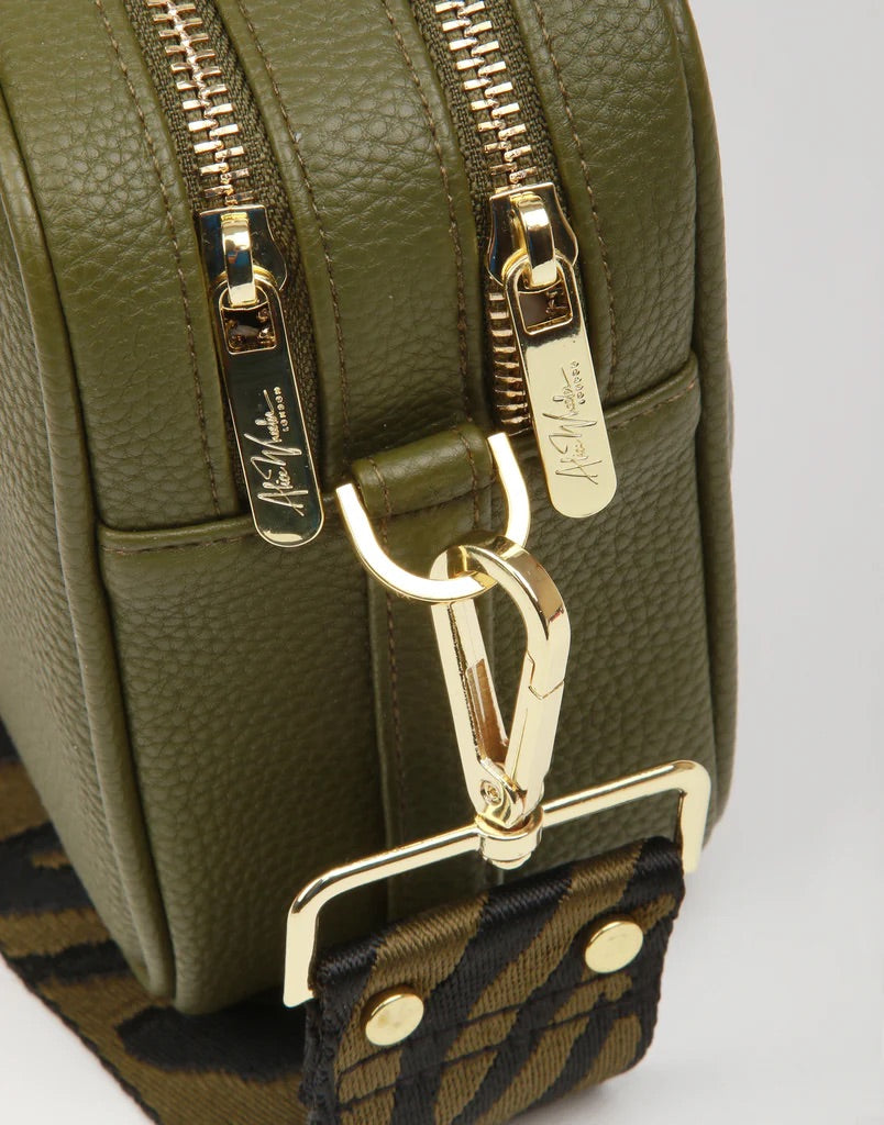 Alice Wheeler Olive Green Soho Double Zipped Crossbody Bag with Zebra Bag Strap