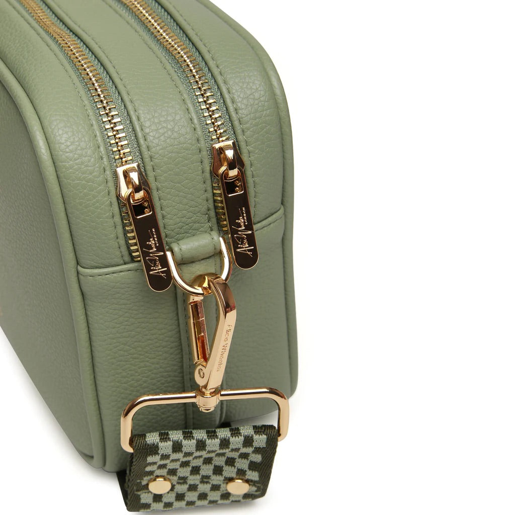 Alice Wheeler Sage Green Soho Double Zipped Crossbody Bag with Bag Strap