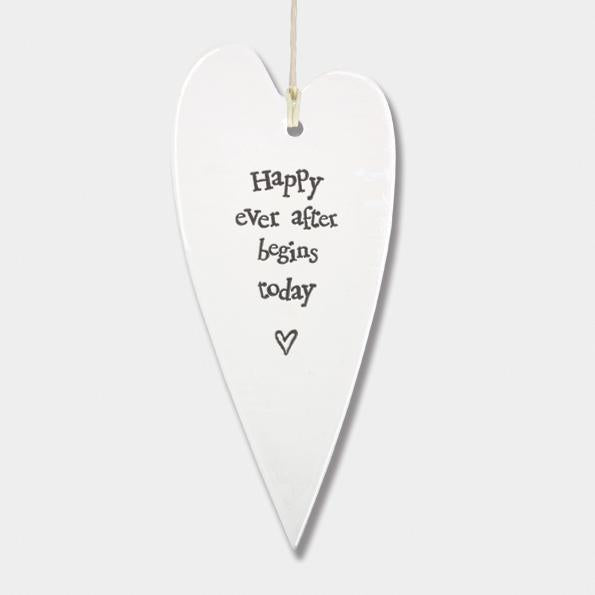 East of India Porcelain Long Hanging Heart - Happy Ever After