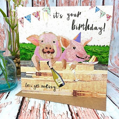 Flying Teaspoons Let’s Get Messy Pigs Birthday Card