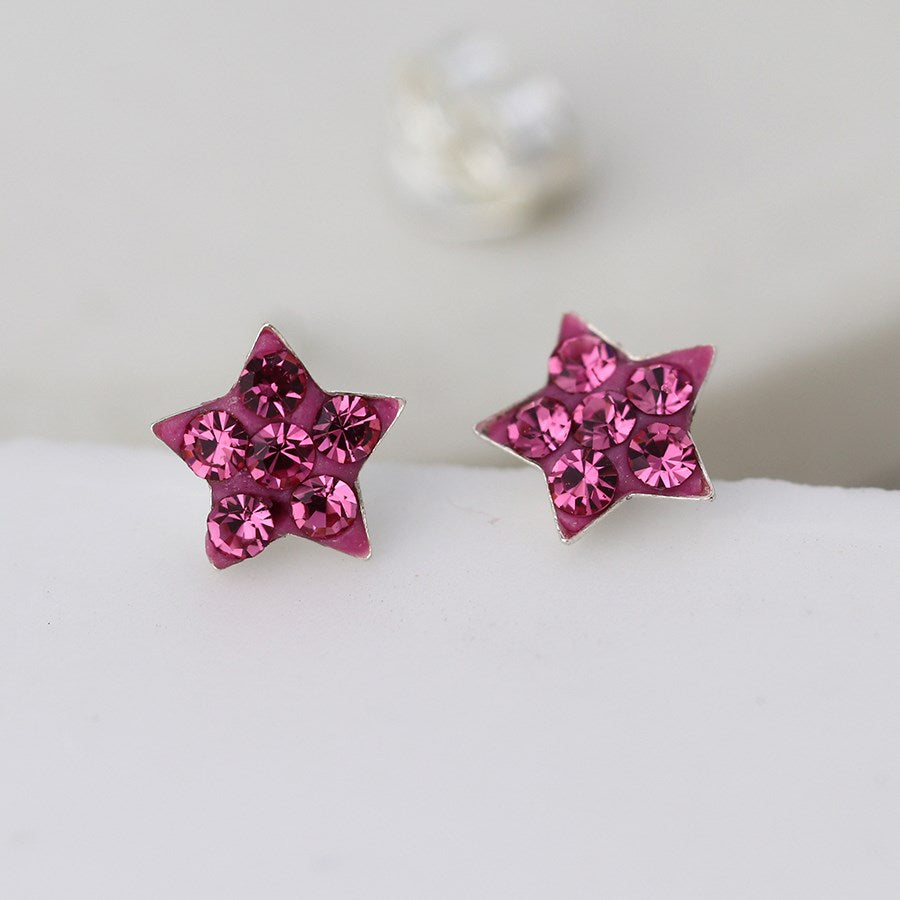 POM Sterling Silver Pink Crystal Mini Pave Star Stud Earrings