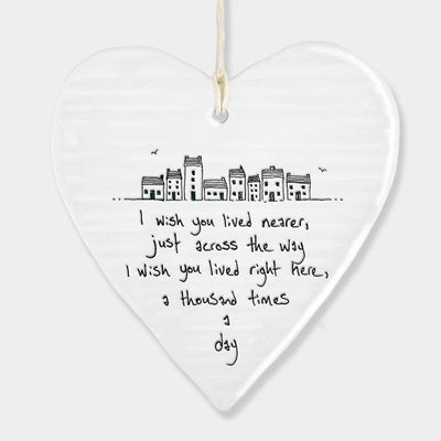 East of India Porcelain Wobbly Hanging Heart - I Wish you Lived Nearer