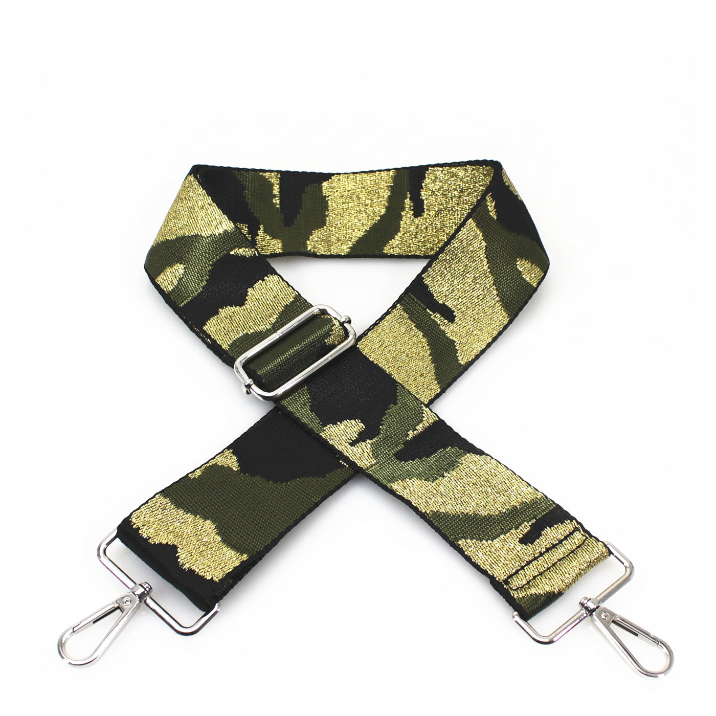 Army Camo Print Glitter Bag Strap - Khaki Green/Gold with Silver Fittings